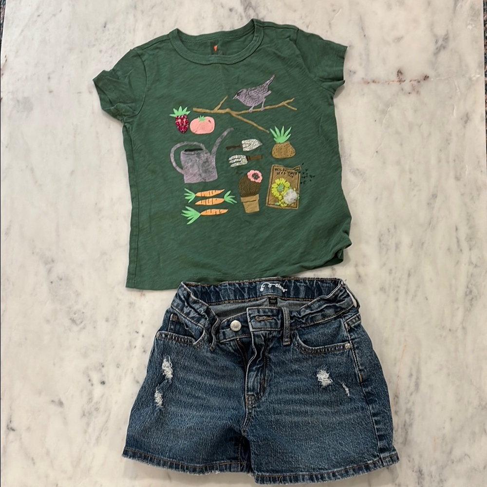 J. Crew Crewcuts Green Short Sleeve Tee and Denim Shorts Bundle